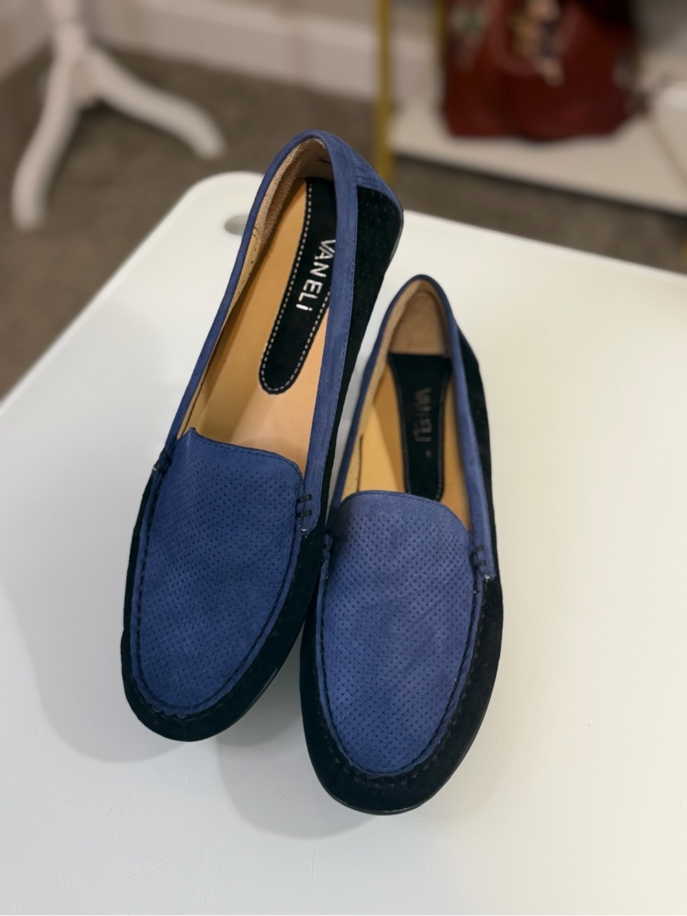 Vaneli Two-Tone Black & Navy Perforated Suede Loafers - Size 10N